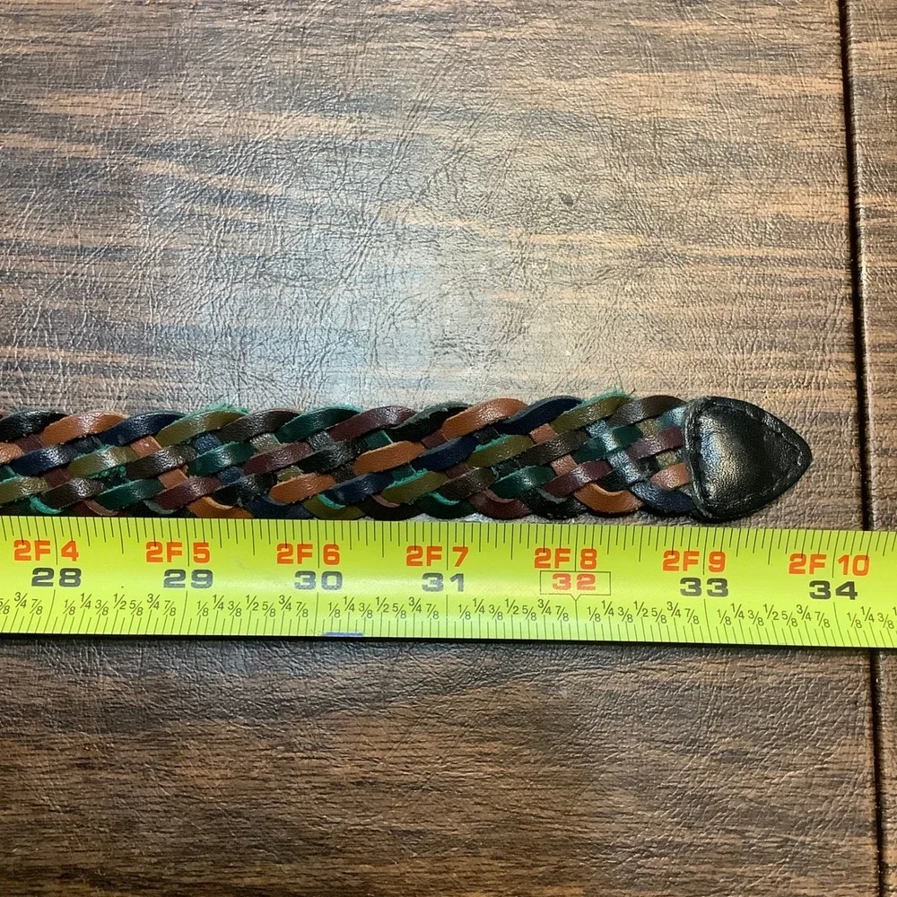 Vtg Multicolor Braided Leather Belt Women Small‎ Brass Buckle Woven Adjustable